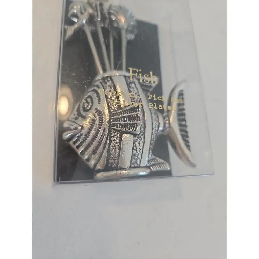 Spain Silver Plated Cocktail Appetizer Hors D' Oeuvre Fish Holder & 6 Mini Forks